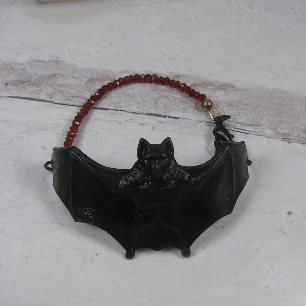 Black Gothic Goth Bat Bracelet Garnet Red Beads